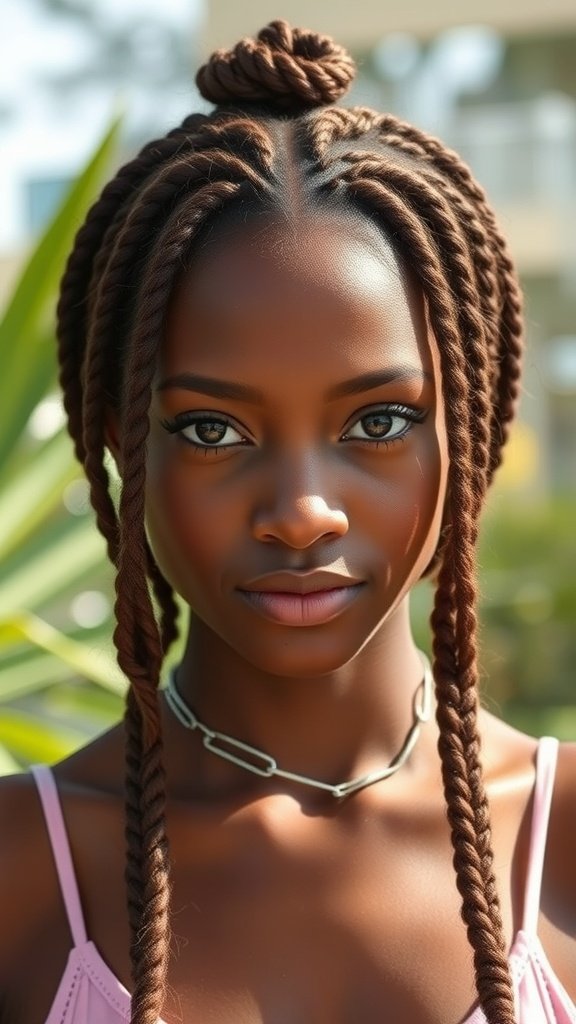 A woman with knotless braids styled in a center part, featuring a bun on top and two long braids hanging down.