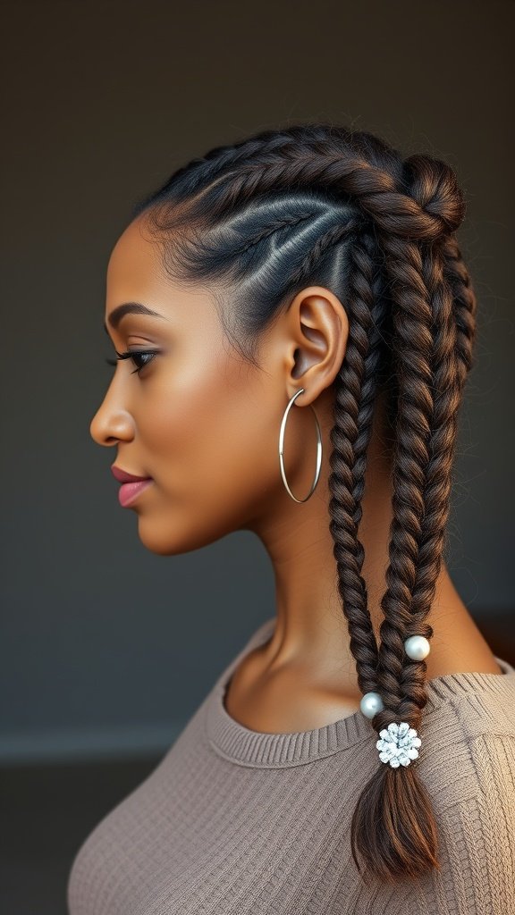 A woman with two stylish knotless braids, featuring a chic accessory, showcasing a trendy hairstyle.
