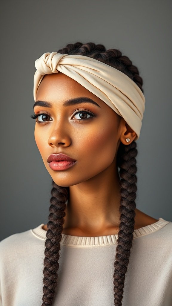 A model with long knotless braids and a chic hairband, showcasing a stylish hairstyle.