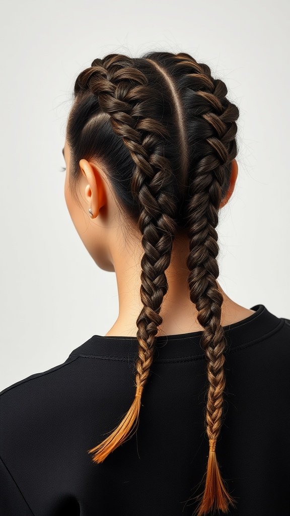 Close-up of a woman with two knotless braids, showcasing a chic hairstyle with a playful color twist at the ends.