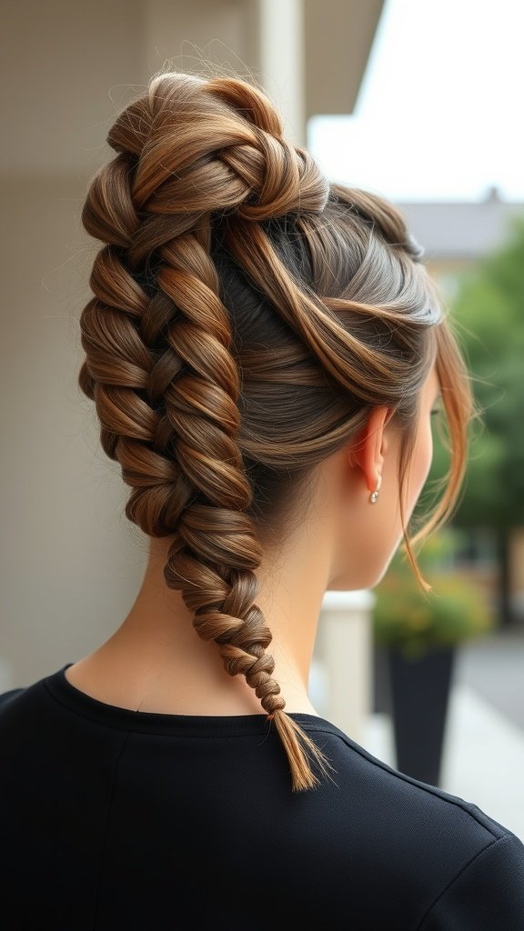 A stylish woman with a chic updo featuring knotless braids, showcasing a modern and elegant hairstyle.