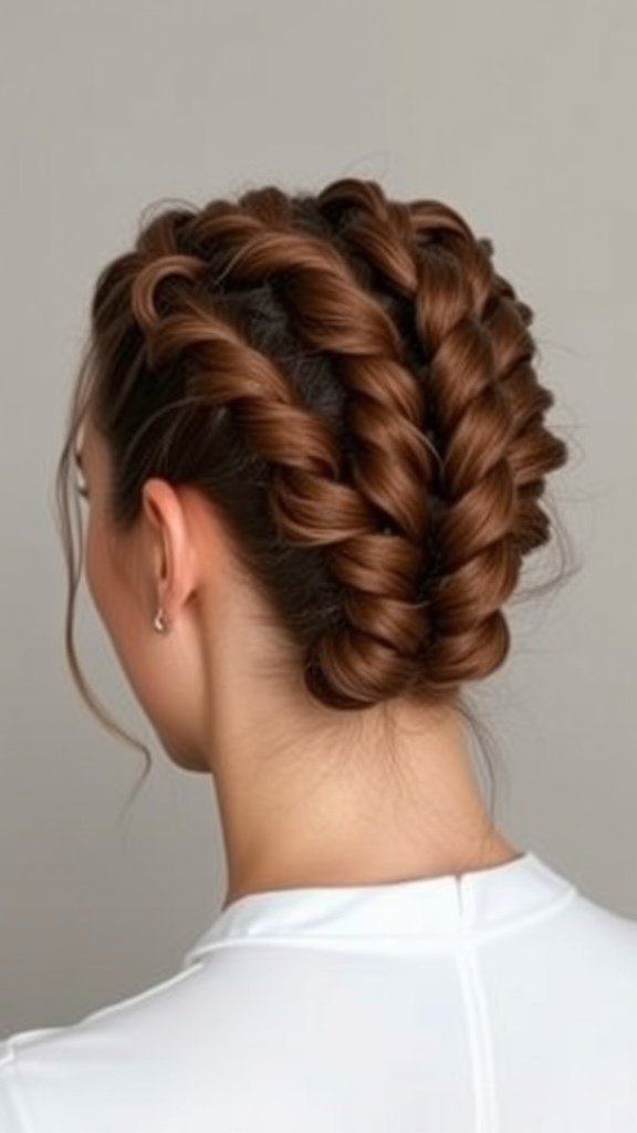 Chic updo hairstyle featuring knotless braids styled into two buns.