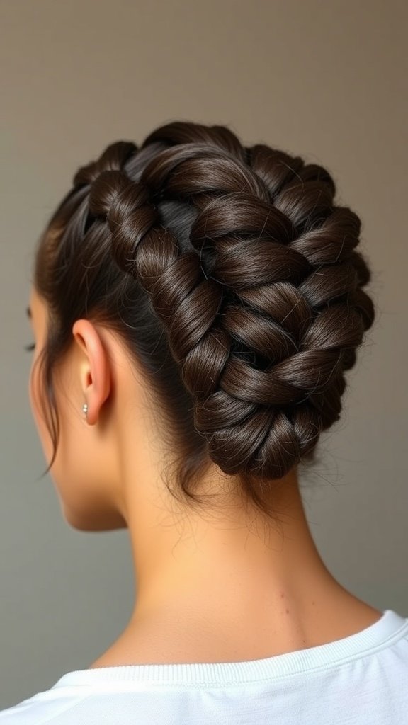 A woman with a chic updo made from knotless braids, showcasing a smooth and elegant hairstyle.