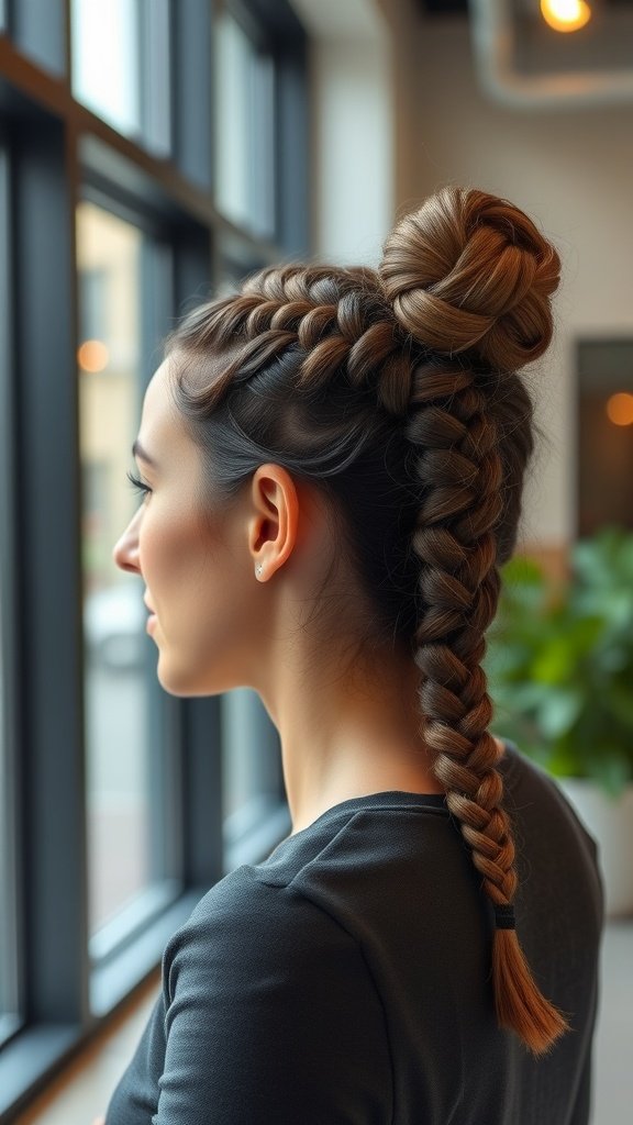 A woman with knotless braids styled in a chic updo, showcasing a polished and elegant hairstyle.