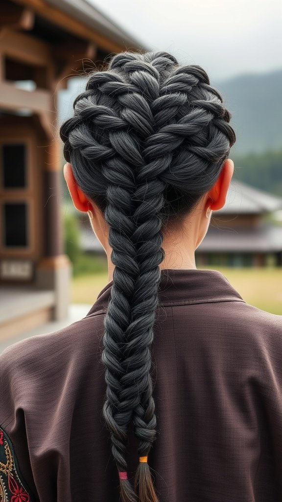 A person showcasing a classic knotless braid hairstyle, featuring a long, sleek braid with a polished finish.