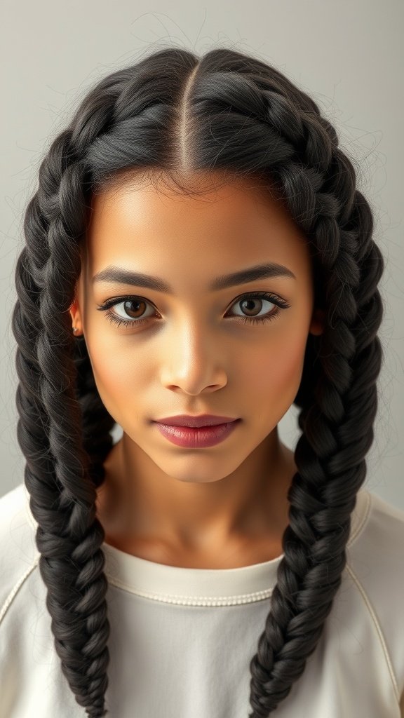 A close-up of a person with two classic knotless braids, showcasing a polished and elegant hairstyle.