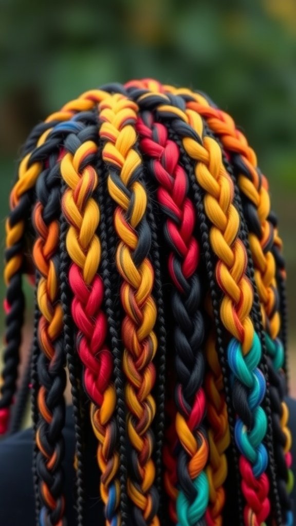 Color block knotless braids in black, red, yellow, and teal.