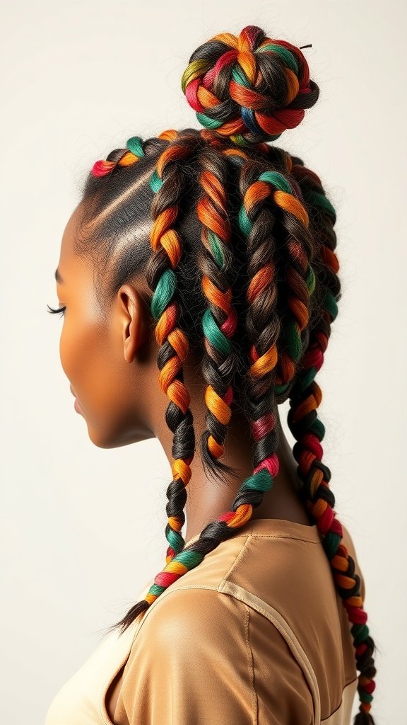 A woman with medium-long knotless braids styled in a top knot, featuring vibrant colors of red, green, and orange.