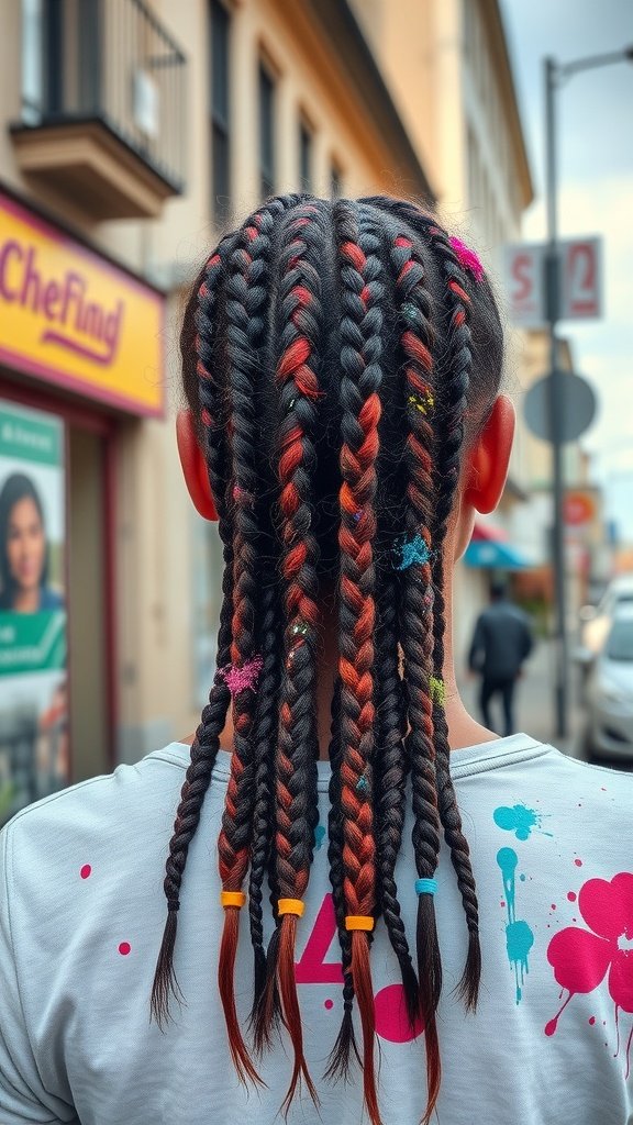 A person with knotless braids featuring colorful accents, showcasing a trendy hairstyle.