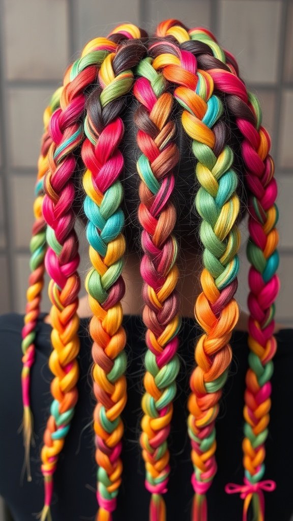 Colorful knotless braids with an ombre effect featuring vibrant pink, green, and yellow shades.