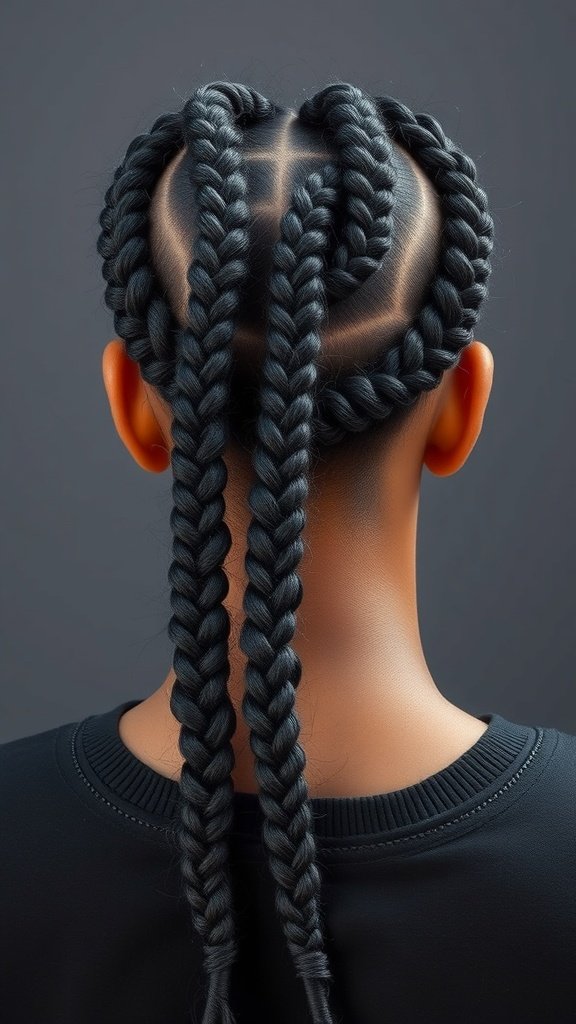 A close-up view of a contemporary knotless braid hairstyle with intricate patterns.