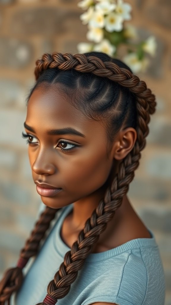 A woman with knotless braids styled into a crown braid, showcasing brown highlights and a chic look.