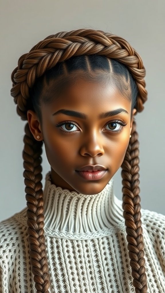 A model showcasing knotless braids styled into a crown braid, with long braids hanging down.