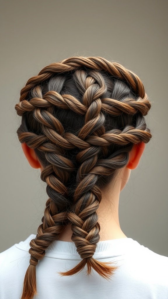 A creative hairstyle featuring knotless braids styled into a crown braid.