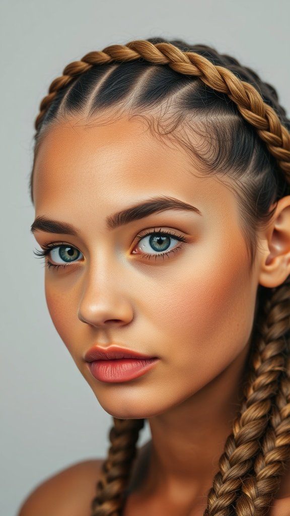A close-up of a woman with knotless braids styled into a crown braid, showcasing a beautiful and elegant hairstyle.