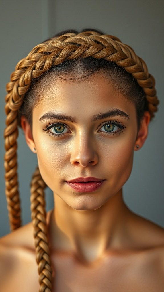 A woman with knotless braids styled into a crown braid, showcasing a beautiful and elegant hairstyle.
