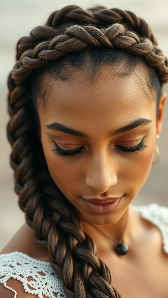 A woman with a stunning crown braid hairstyle, showcasing knotless braids.