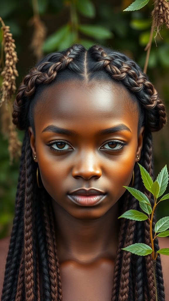 A model with knotless braids styled in a crown braid, surrounded by greenery.