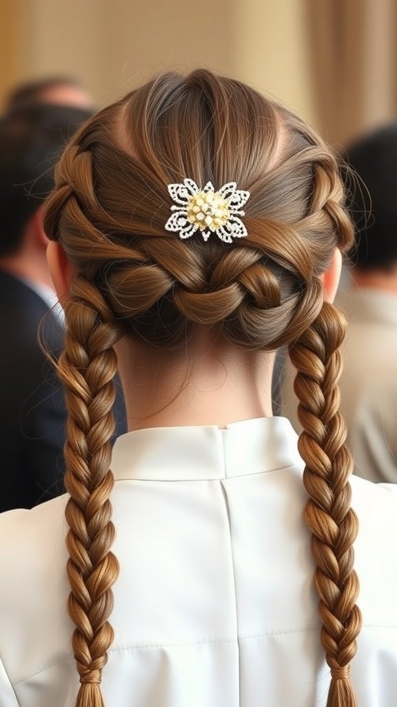 A close-up view of a woman's back with knotless braids styled with a decorative clip.