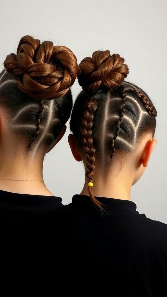 A hairstyle featuring two double buns with intricate braiding patterns.