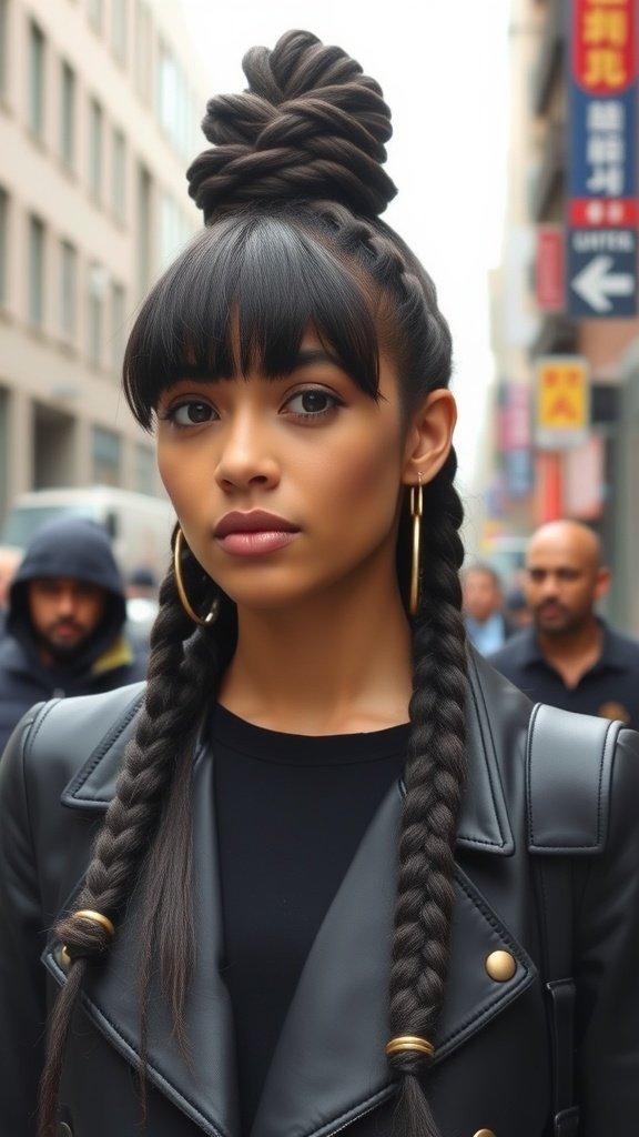 A woman with knotless braids styled in a high bun and dramatic fringe, wearing a black leather jacket.
