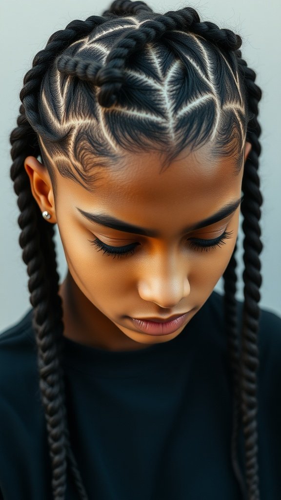 A close-up view of a young person with knotless braids styled with a fade, showcasing intricate braiding patterns.