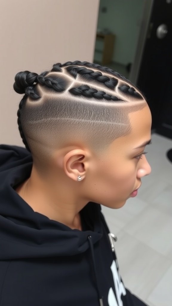 A stylish person with knotless braids and a fade hairstyle, showcasing a modern and elegant look.
