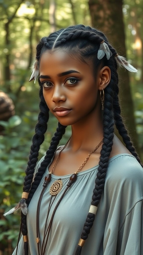 A young woman with knotless braids adorned with feathers, showcasing a bohemian hairstyle in a forest setting.