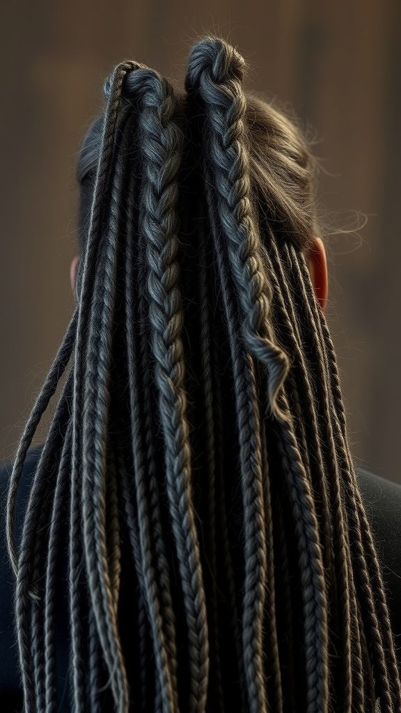 Back view of a person with long knotless braids styled in a feathered look.