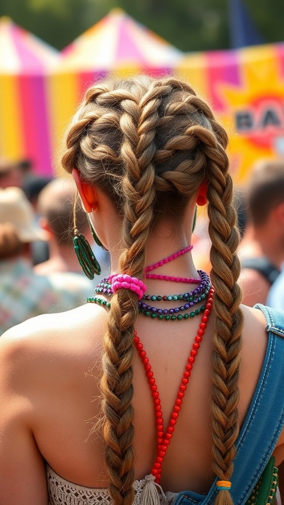 A person with two knotless braids adorned with colorful beads, showcasing a festival vibe.