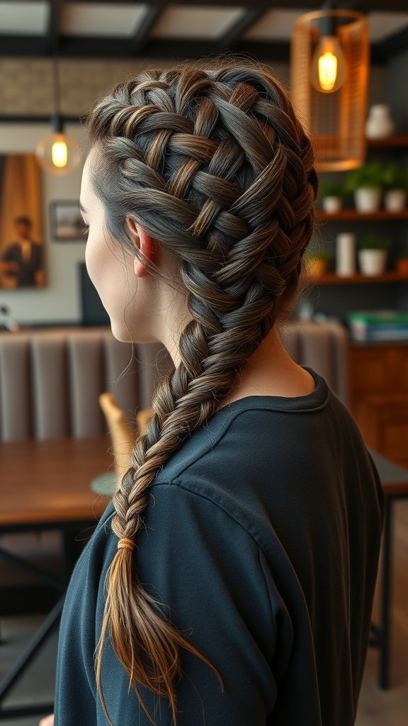 A woman showcasing a stylish knotless braid combined with a fishbone braid, highlighting a unique and elegant hairstyle.