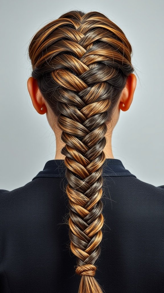 A close-up of a fishtail braid styled from knotless braids, showcasing a blend of colors.