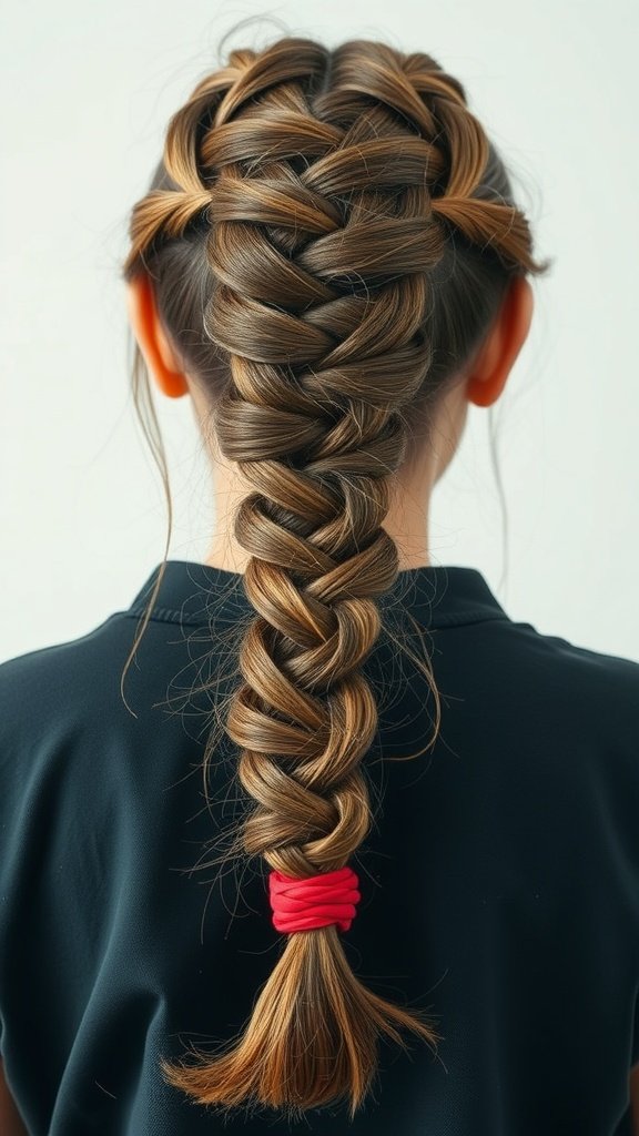 A close-up of a fishtail braid styled with knotless braids, featuring a red hair tie at the end.
