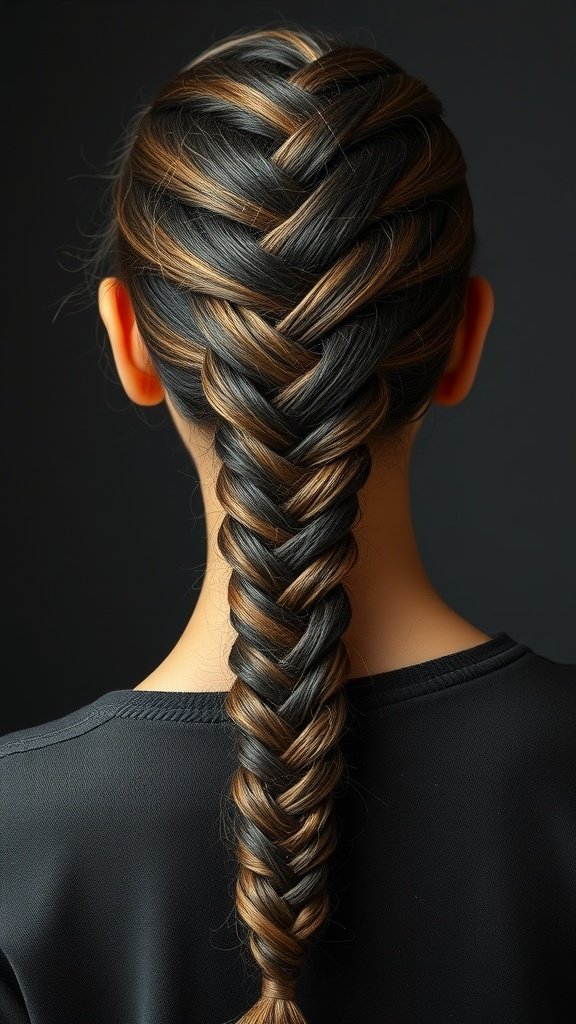A close-up view of a fishtail braid integrated with knotless braids, featuring a blend of black and brown hair colors.