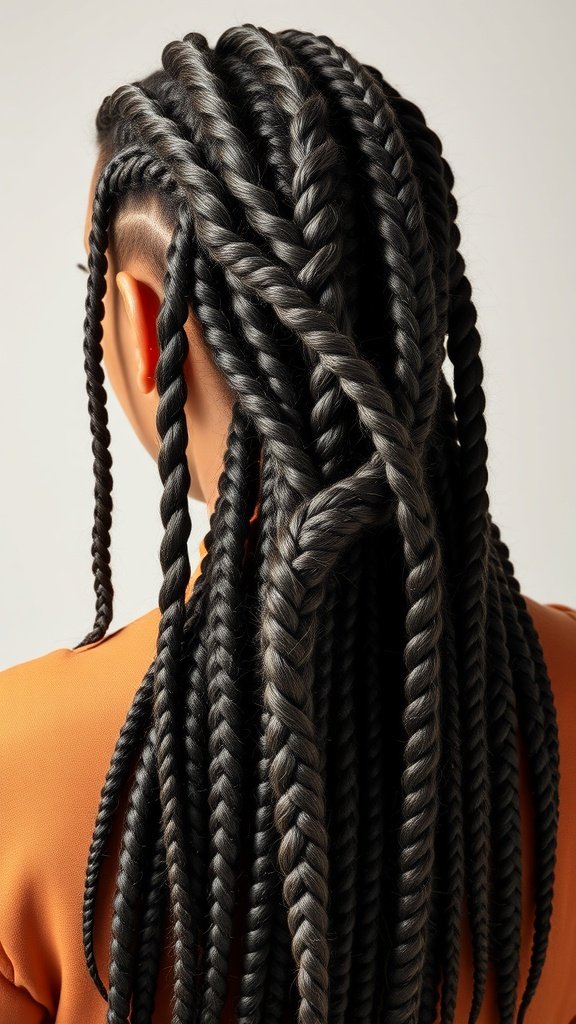 A close-up view of long knotless braids styled with a flat twist, showcasing a sleek and modern look.
