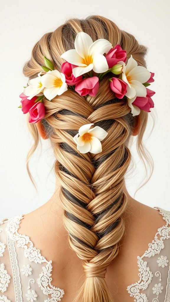 A woman with knotless braids decorated with white and pink flowers.
