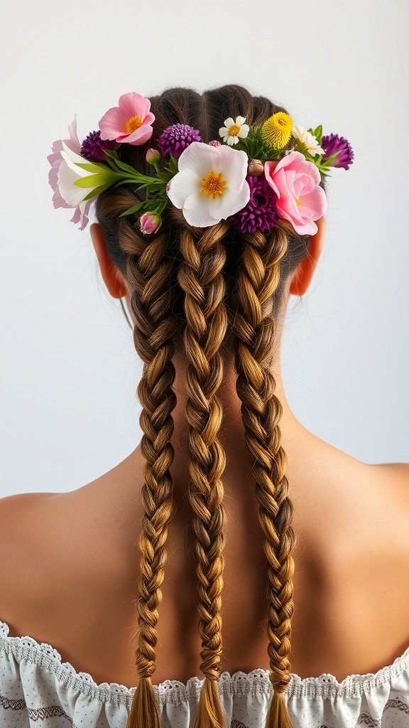 A woman with two knotless braids adorned with a colorful floral crown.
