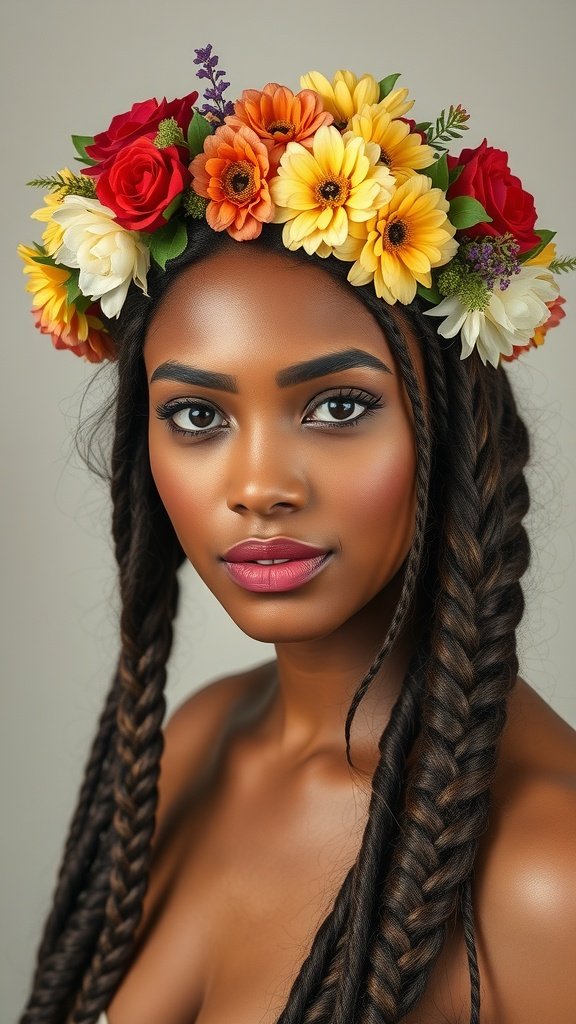 A woman with knotless braids adorned with a colorful floral crown.