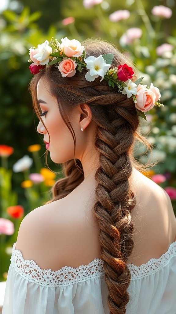 A woman with long knotless braids adorned with a floral crown, set against a colorful garden backdrop.