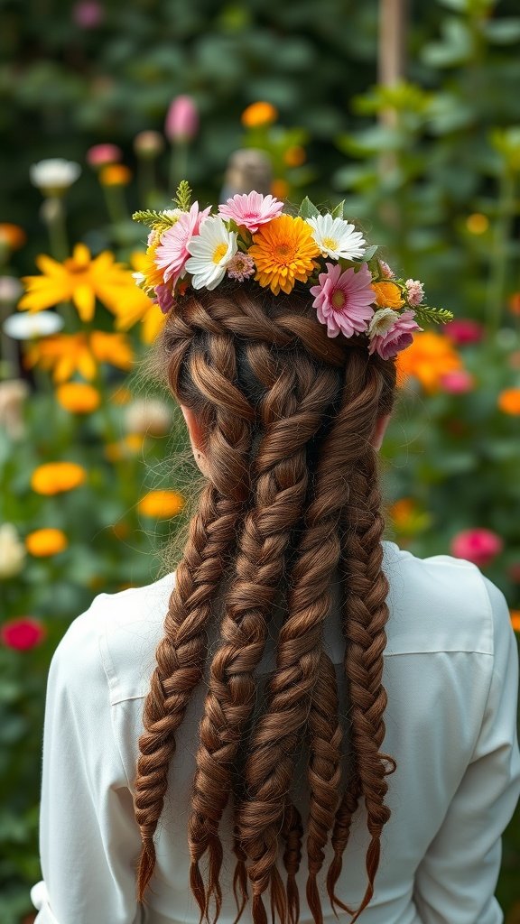 A woman with knotless braids adorned with a colorful floral crown, surrounded by vibrant flowers.