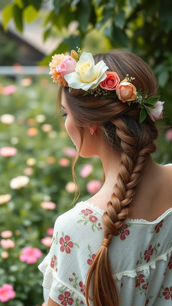 A woman with knotless braids adorned with a floral crown, surrounded by blooming flowers.