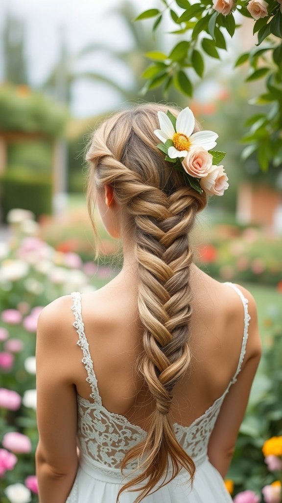 A woman with knotless braids adorned with a floral headpiece, standing in a garden filled with colorful flowers.