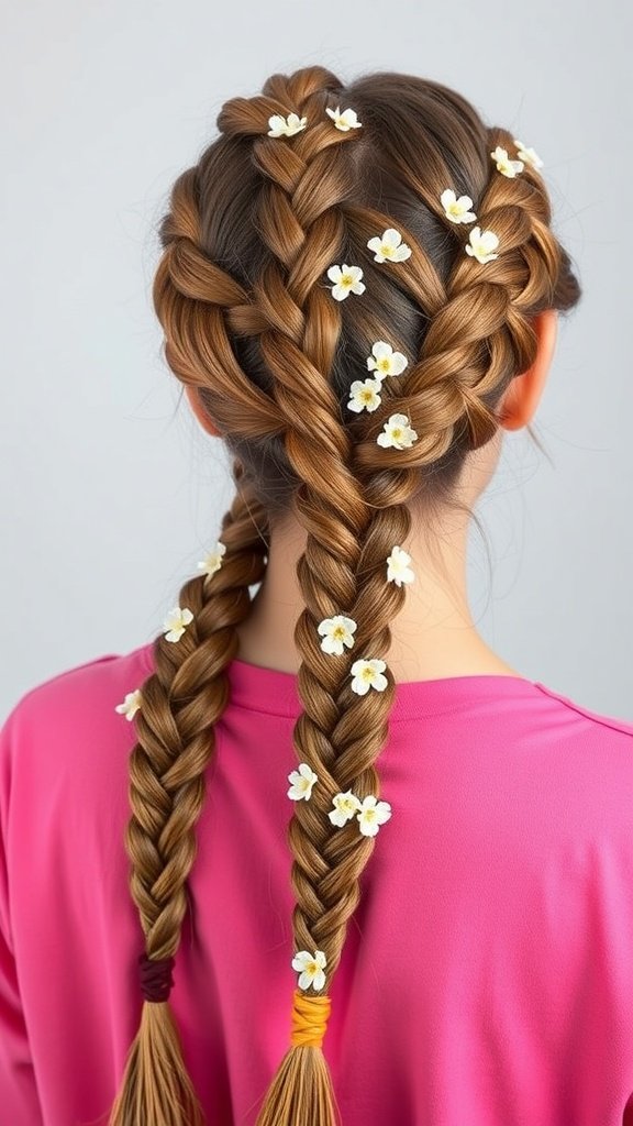Knotless braids adorned with small white flowers, showcasing a playful and stylish hairstyle.
