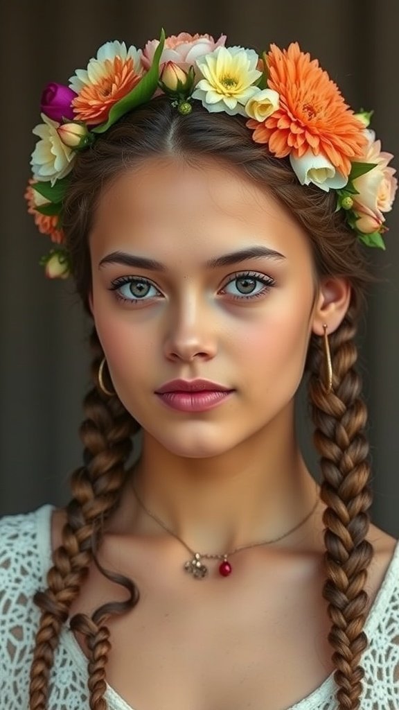 A young woman with knotless braids wearing a colorful flower crown.