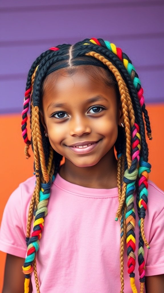 A young girl smiling with colorful knotless braids, showcasing a fun hairstyle.