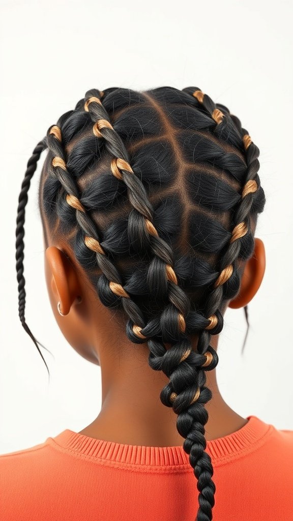 A close-up view of a person's back head showcasing beautifully styled knotless braids with golden highlights.