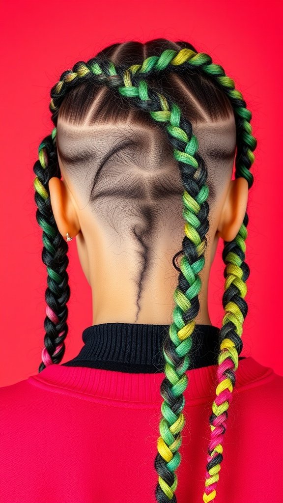 A person with colorful knotless braids in green, yellow, and pink against a red background.