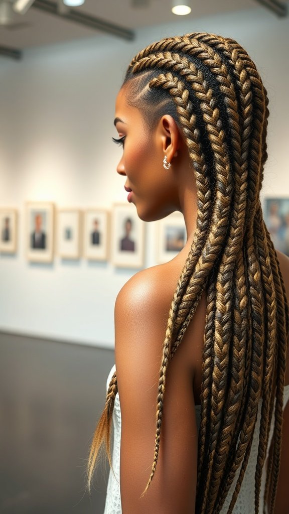 A woman showcasing knotless braids with a geometric design in an art gallery.