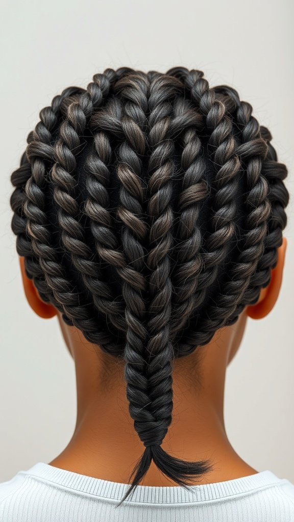 A close-up view of a geometric pattern created with knotless braids, showcasing neat and symmetrical braiding.