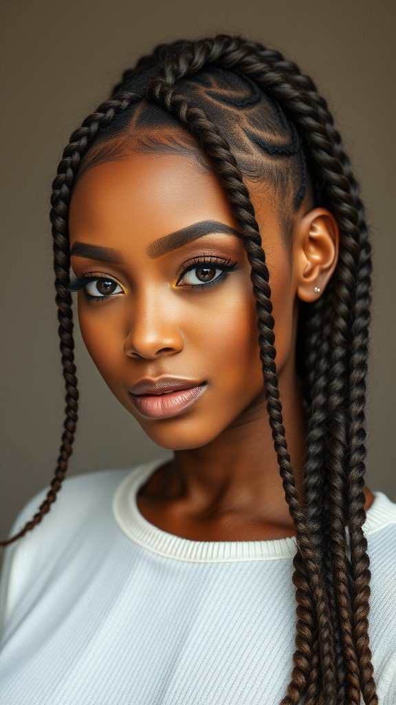 A close-up of a person with knotless braids styled elegantly, showcasing a glamorous finish.